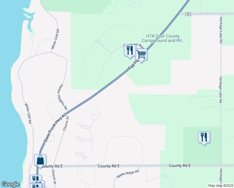 map of restaurants, bars, coffee shops, grocery stores, and more near 8027 Wisconsin 42 in Egg Harbor