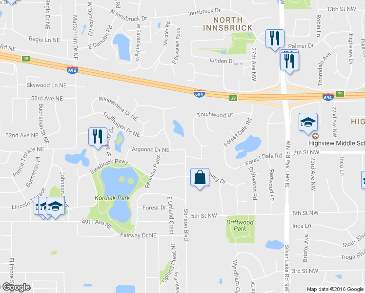 map of restaurants, bars, coffee shops, grocery stores, and more near 2335 Argonne Drive Northeast in Minneapolis