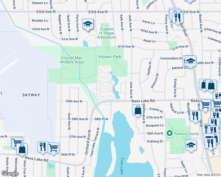 map of restaurants, bars, coffee shops, grocery stores, and more near 4534 58th Avenue North in Brooklyn Center