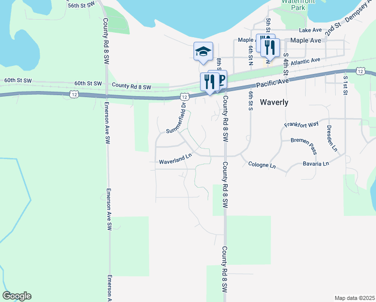 map of restaurants, bars, coffee shops, grocery stores, and more near 205 Douglas Drive in Waverly