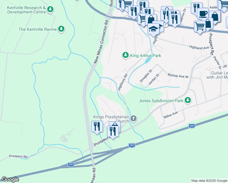map of restaurants, bars, coffee shops, grocery stores, and more near 57 Kara Anne Crescent in New Minas