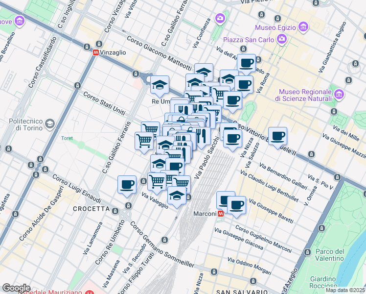 map of restaurants, bars, coffee shops, grocery stores, and more near 24 Via Vincenzo Gioberti in Torino