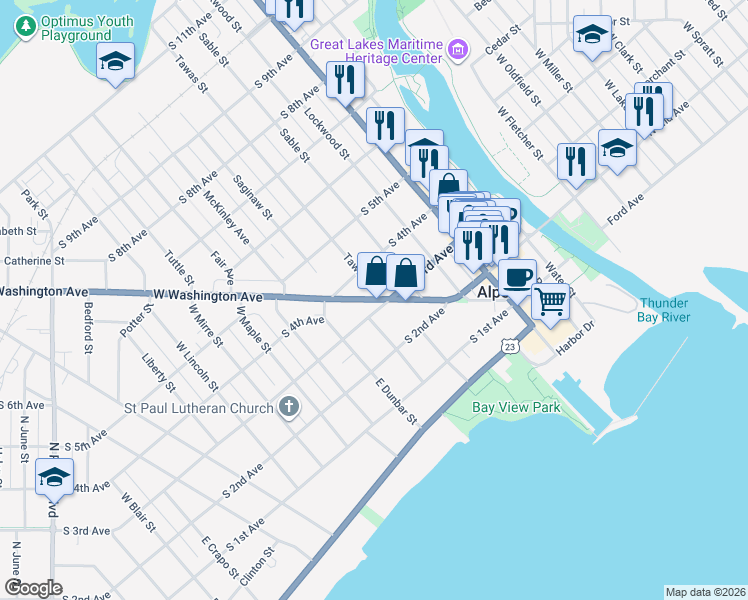 map of restaurants, bars, coffee shops, grocery stores, and more near 224 West Washington Avenue in Alpena