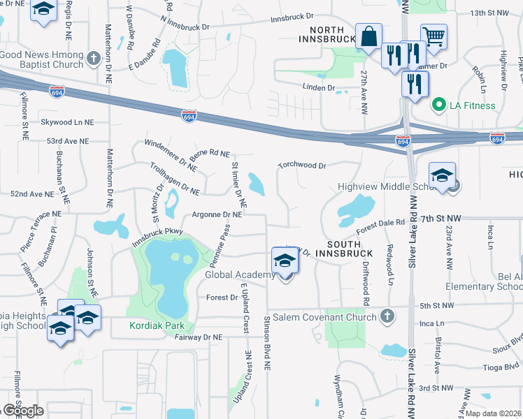 map of restaurants, bars, coffee shops, grocery stores, and more near 2335 Argonne Drive Northeast in Minneapolis