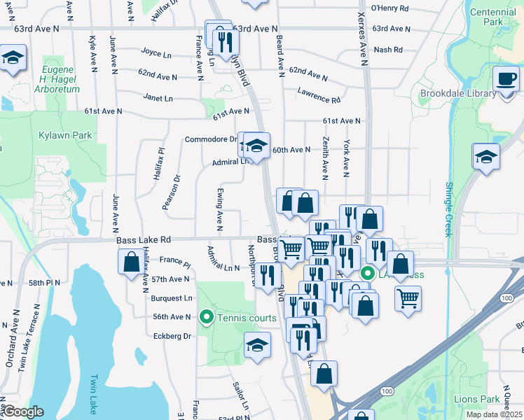 map of restaurants, bars, coffee shops, grocery stores, and more near 5831 Brooklyn Boulevard in Minneapolis