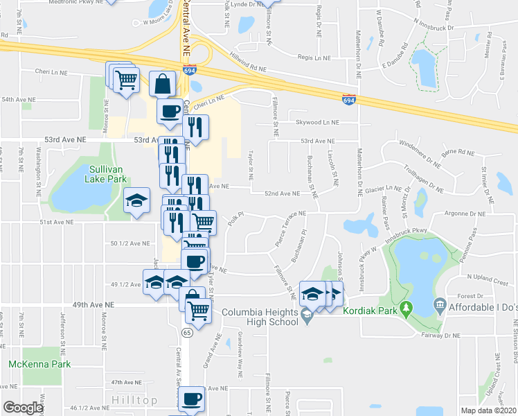 map of restaurants, bars, coffee shops, grocery stores, and more near 1175 Polk Place in Minneapolis