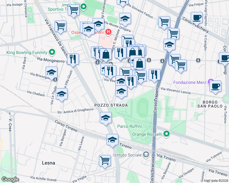 map of restaurants, bars, coffee shops, grocery stores, and more near 154 Corso Monte Cucco in Torino