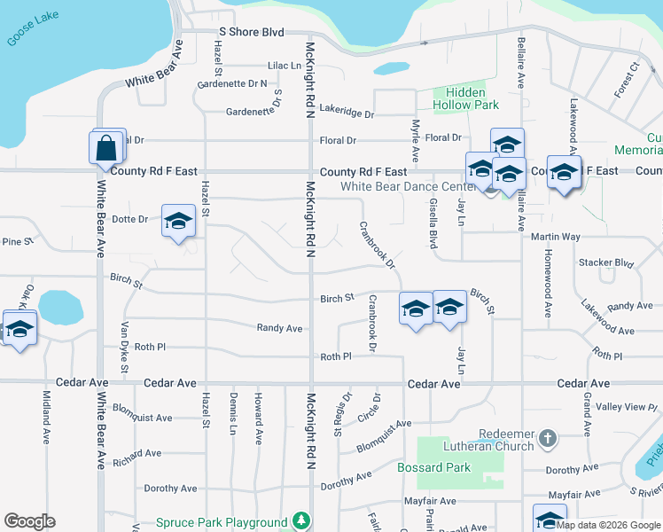 map of restaurants, bars, coffee shops, grocery stores, and more near 2277 Lakeaires Boulevard in White Bear Lake