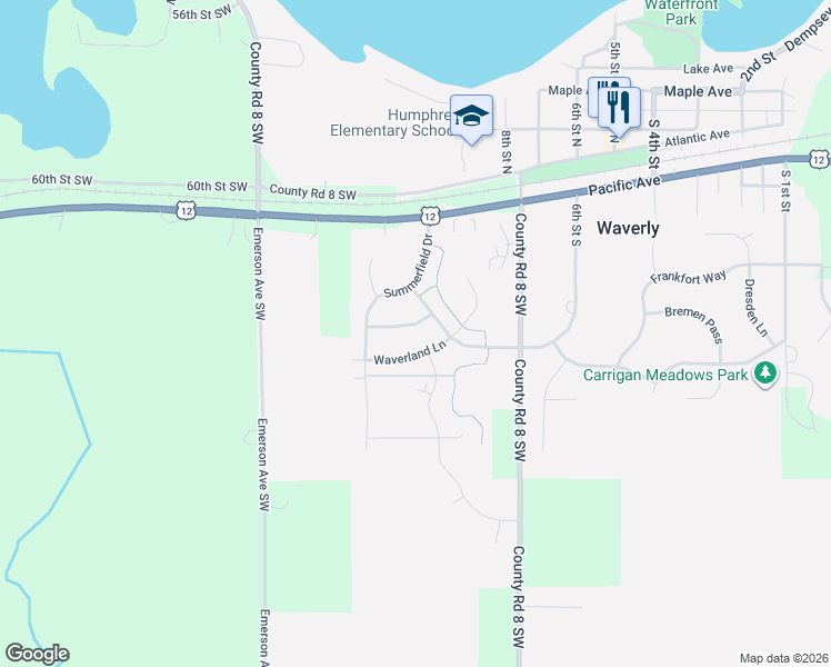 map of restaurants, bars, coffee shops, grocery stores, and more near 207 Summerfield Lane in Waverly