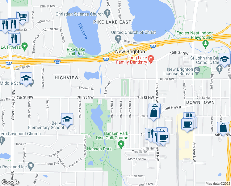 map of restaurants, bars, coffee shops, grocery stores, and more near 1380 7th Street Northwest in New Brighton