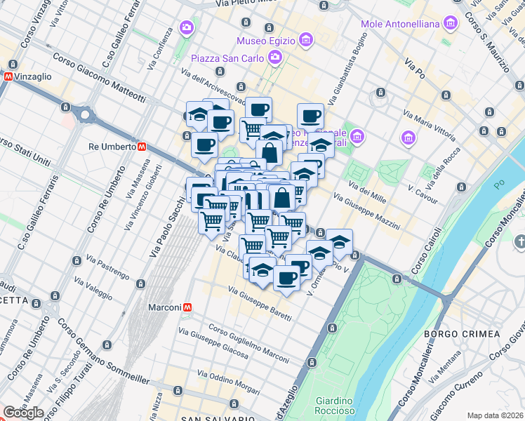 map of restaurants, bars, coffee shops, grocery stores, and more near 41 Corso Vittorio Emanuele II in Torino