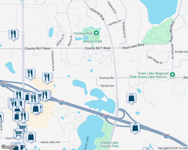 map of restaurants, bars, coffee shops, grocery stores, and more near 815 Gramsie Road in Shoreview