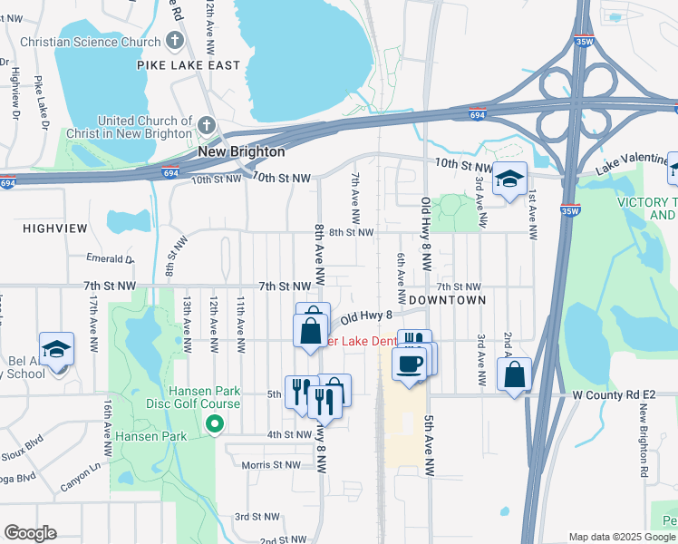 map of restaurants, bars, coffee shops, grocery stores, and more near 739 8th Avenue Northwest in New Brighton