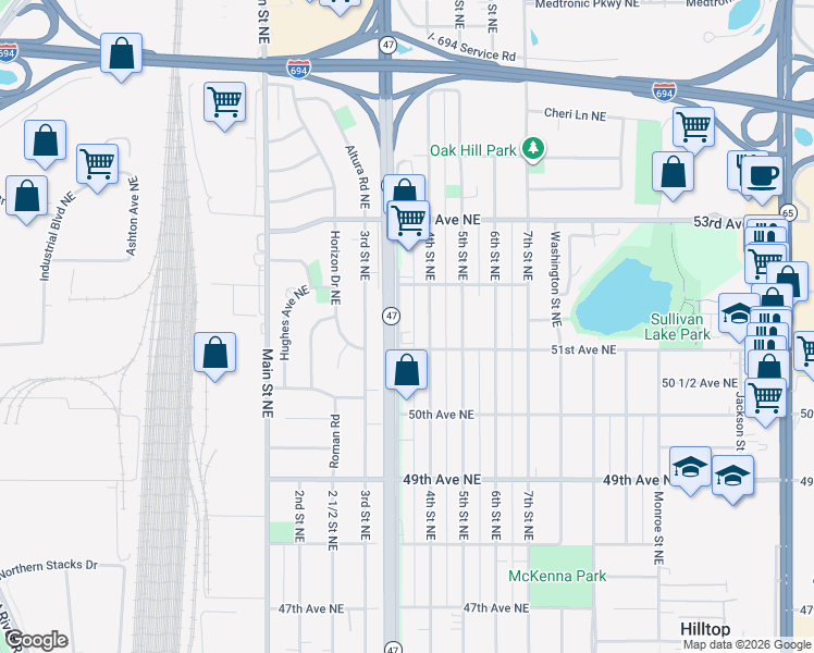 map of restaurants, bars, coffee shops, grocery stores, and more near 5121 University Avenue Northeast in Minneapolis