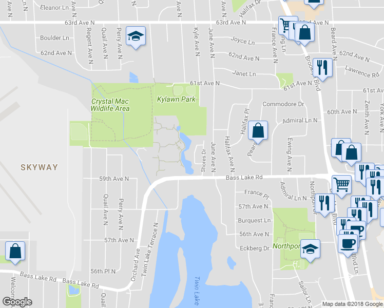 map of restaurants, bars, coffee shops, grocery stores, and more near 5833 Lake Curve Lane in Minneapolis