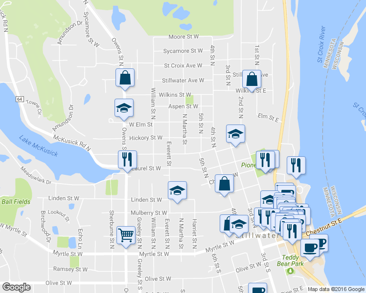 map of restaurants, bars, coffee shops, grocery stores, and more near 712 North Martha Street in Stillwater