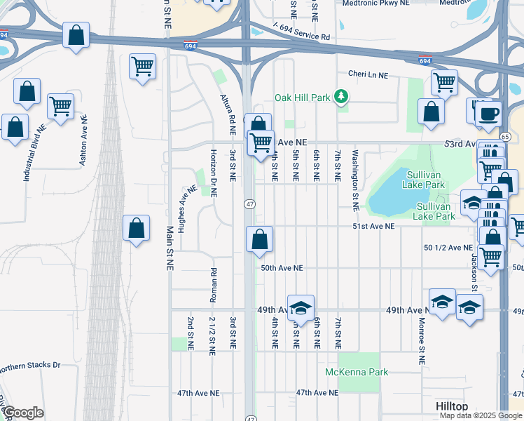 map of restaurants, bars, coffee shops, grocery stores, and more near 5121 University Avenue Northeast in Minneapolis