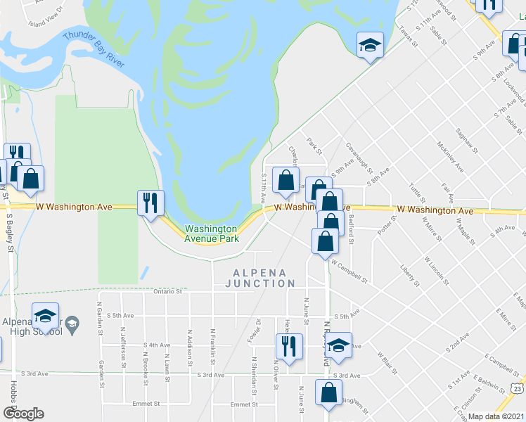 map of restaurants, bars, coffee shops, grocery stores, and more near 1035 West Washington Avenue in Alpena