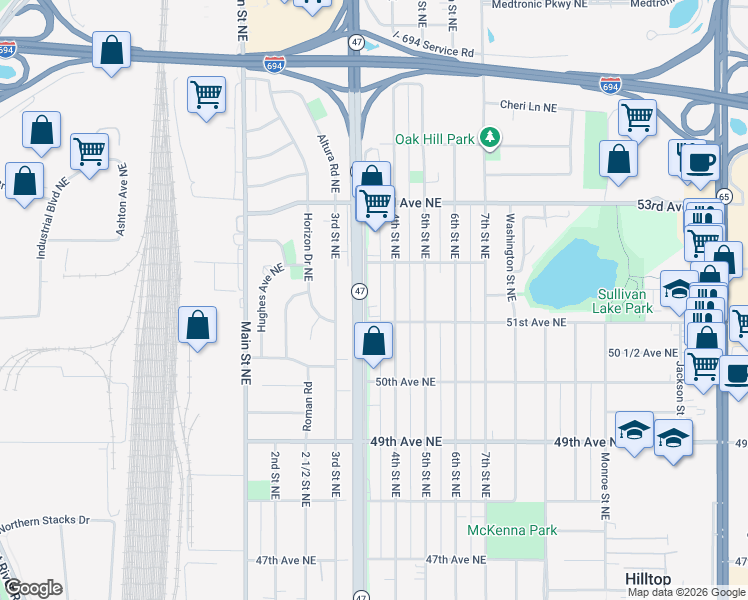 map of restaurants, bars, coffee shops, grocery stores, and more near 5121 University Avenue Northeast in Minneapolis