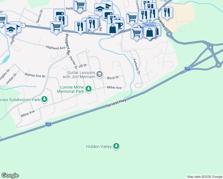 map of restaurants, bars, coffee shops, grocery stores, and more near 246 Milne Avenue in New Minas