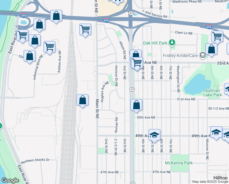 map of restaurants, bars, coffee shops, grocery stores, and more near 5144 Horizon Drive Northeast in Fridley