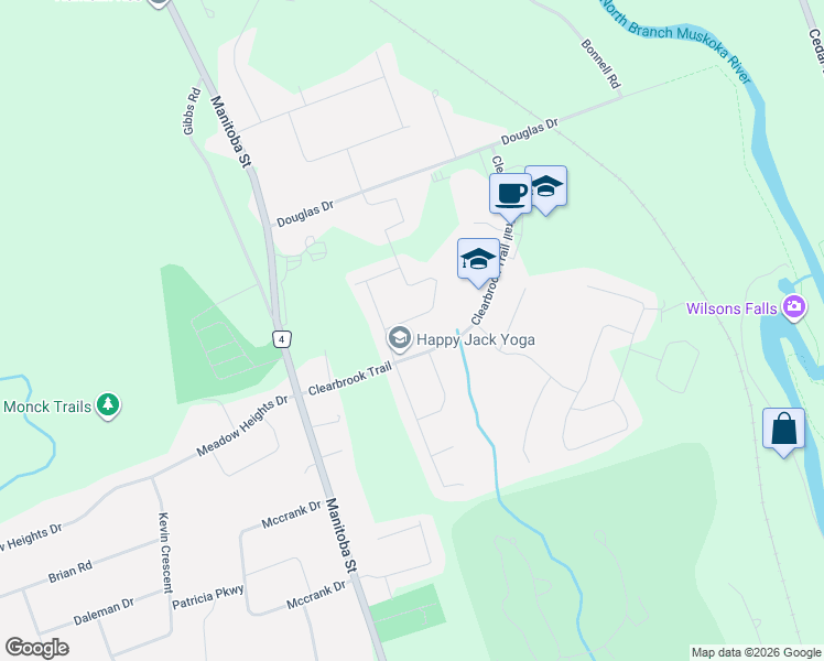 map of restaurants, bars, coffee shops, grocery stores, and more near 8 Fieldstream Chase in Bracebridge