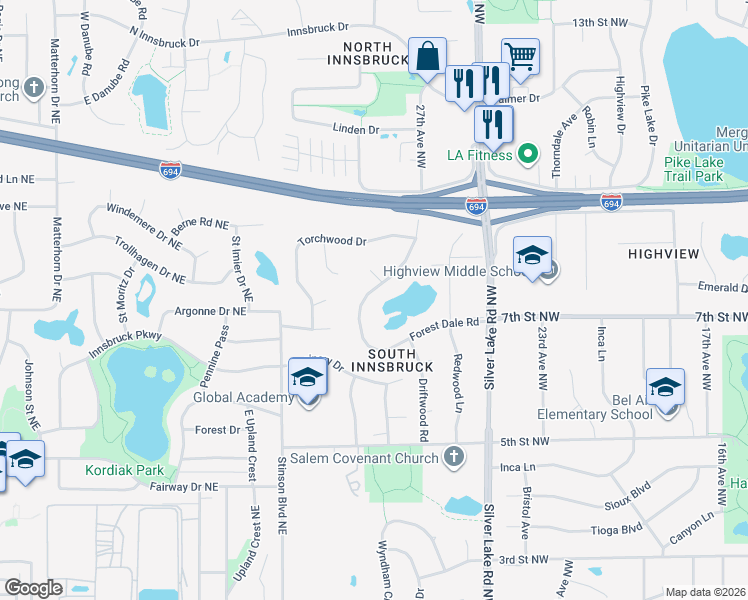 map of restaurants, bars, coffee shops, grocery stores, and more near 729 Forest Dale Road in New Brighton