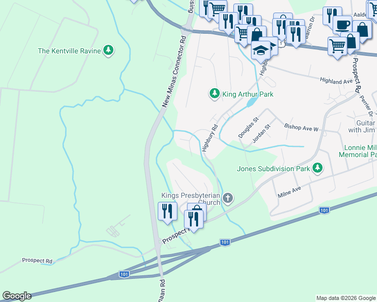 map of restaurants, bars, coffee shops, grocery stores, and more near 52 Kara Anne Crescent in New Minas
