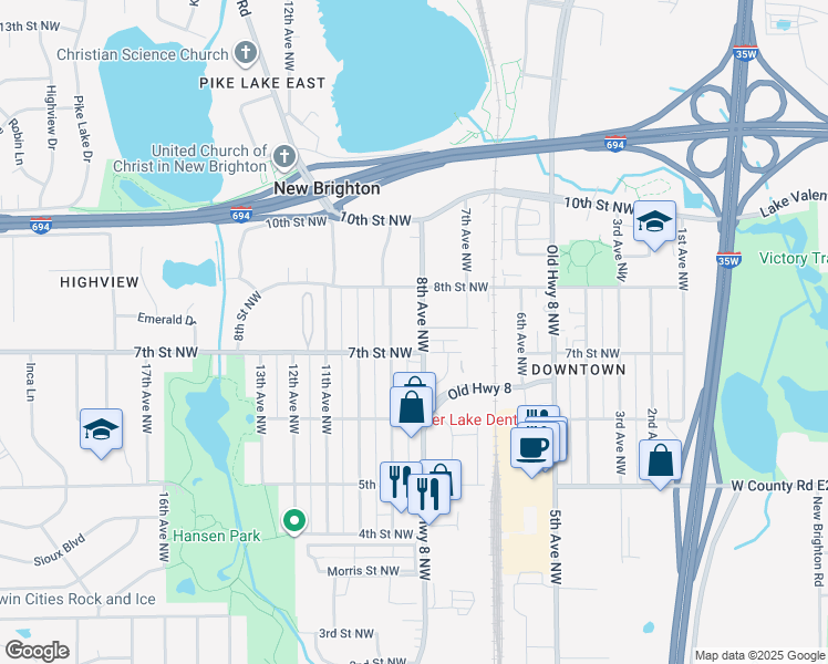 map of restaurants, bars, coffee shops, grocery stores, and more near 739 8th Avenue Northwest in New Brighton