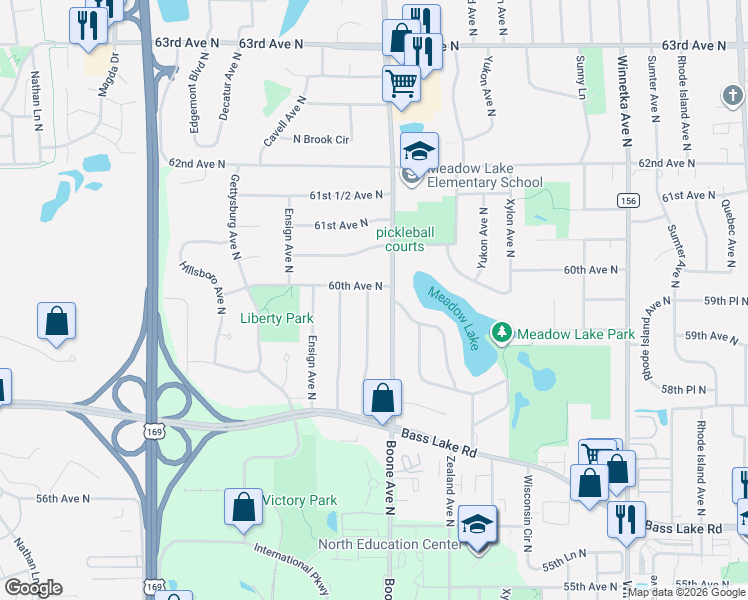 map of restaurants, bars, coffee shops, grocery stores, and more near 5948 Cavell Avenue North in Minneapolis