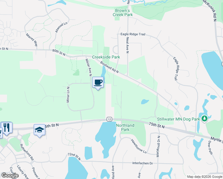 map of restaurants, bars, coffee shops, grocery stores, and more near 12991 Boutwell Road North in Stillwater