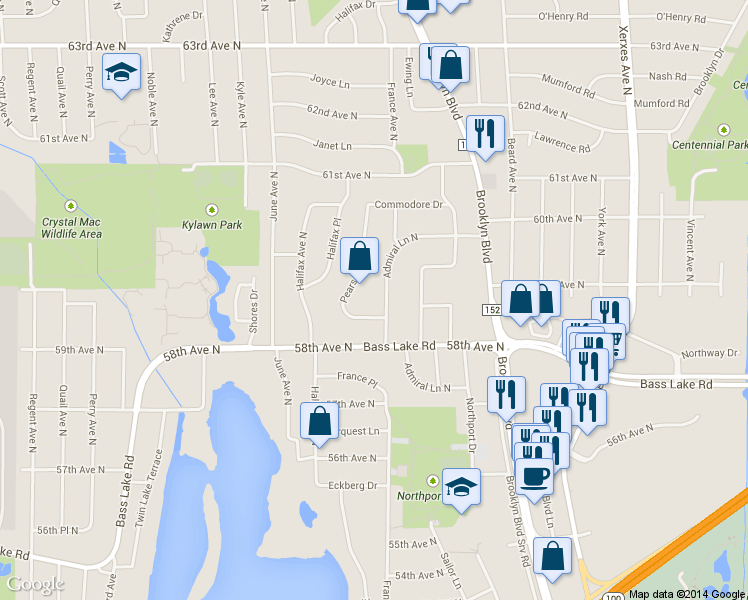 map of restaurants, bars, coffee shops, grocery stores, and more near 5831 Admiral Lane North in Minneapolis