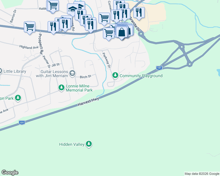 map of restaurants, bars, coffee shops, grocery stores, and more near 33 Shelby Crescent in New Minas