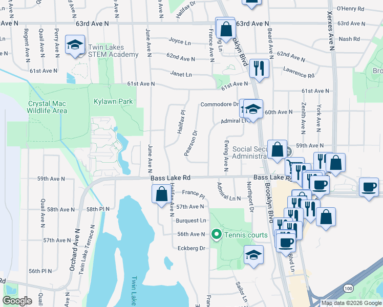 map of restaurants, bars, coffee shops, grocery stores, and more near 5830 Pearson Drive in Minneapolis