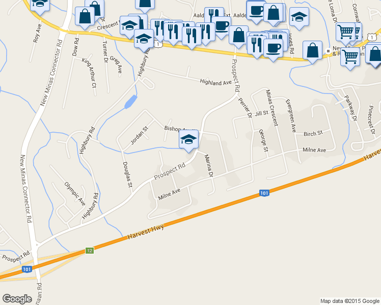 map of restaurants, bars, coffee shops, grocery stores, and more near 5709 Prospect Road in New Minas