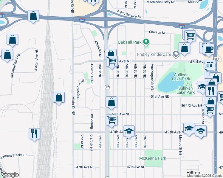 map of restaurants, bars, coffee shops, grocery stores, and more near 5121 University Avenue Northeast in Minneapolis