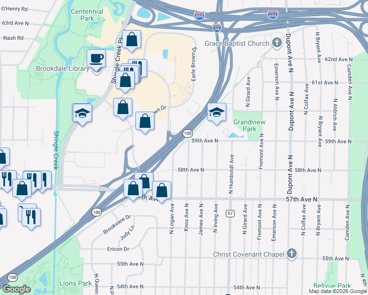 map of restaurants, bars, coffee shops, grocery stores, and more near 5840 Lilac Drive North in Minneapolis