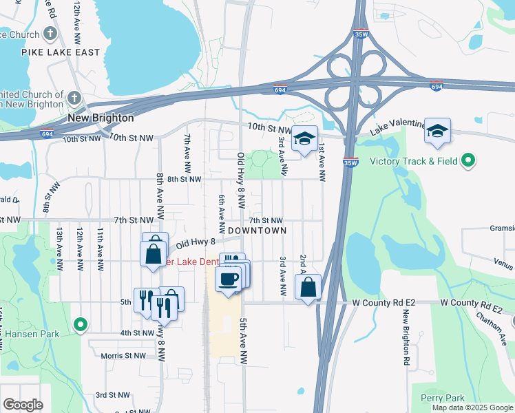 map of restaurants, bars, coffee shops, grocery stores, and more near 736 4th Avenue Northwest in New Brighton