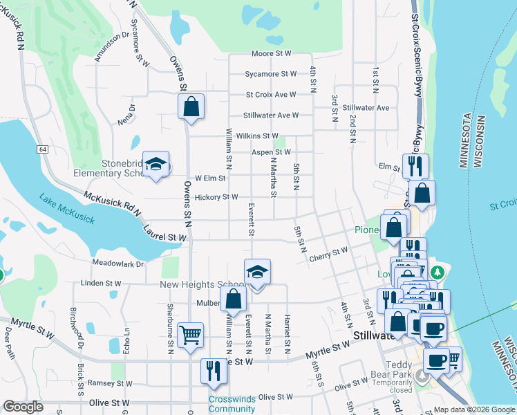 map of restaurants, bars, coffee shops, grocery stores, and more near 712 North Martha Street in Stillwater