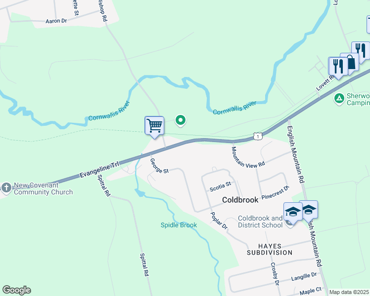 map of restaurants, bars, coffee shops, grocery stores, and more near in Coldbrook