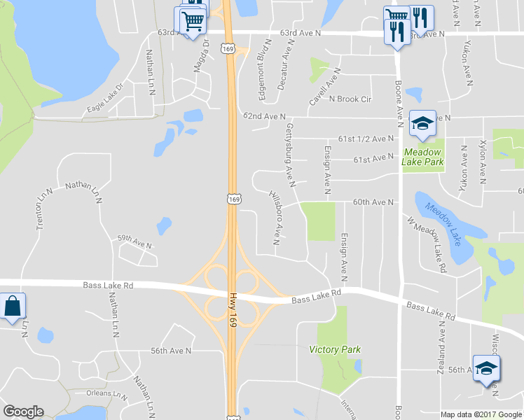 map of restaurants, bars, coffee shops, grocery stores, and more near 5946 Independence Avenue North in Minneapolis
