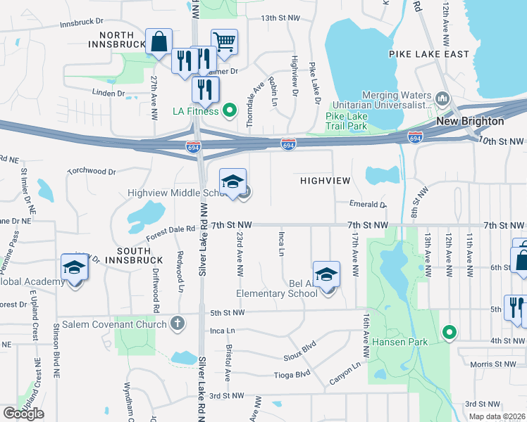 map of restaurants, bars, coffee shops, grocery stores, and more near 744 22nd Avenue Northwest in New Brighton