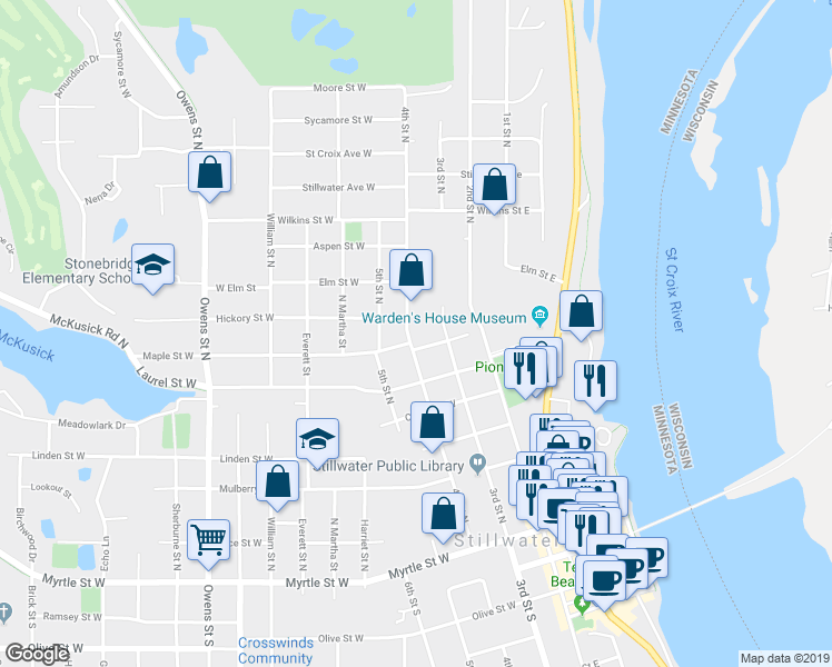 map of restaurants, bars, coffee shops, grocery stores, and more near 709 4th Street North in Stillwater