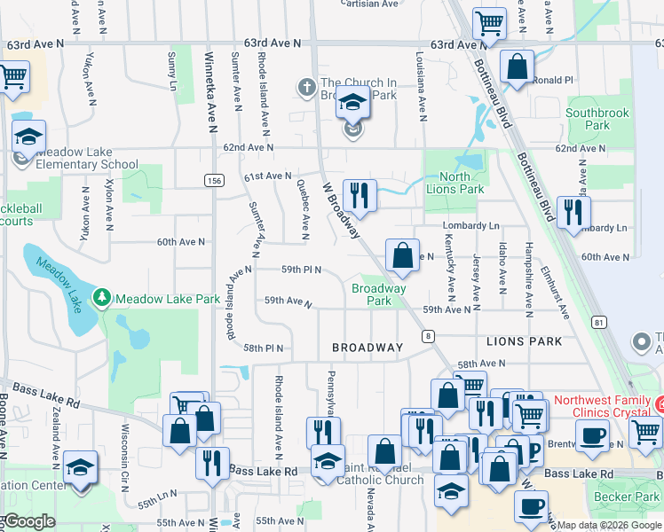 map of restaurants, bars, coffee shops, grocery stores, and more near 7516 59th Place North in Minneapolis