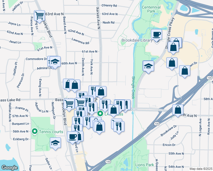 map of restaurants, bars, coffee shops, grocery stores, and more near 5837 North Washburn Avenue in Minneapolis