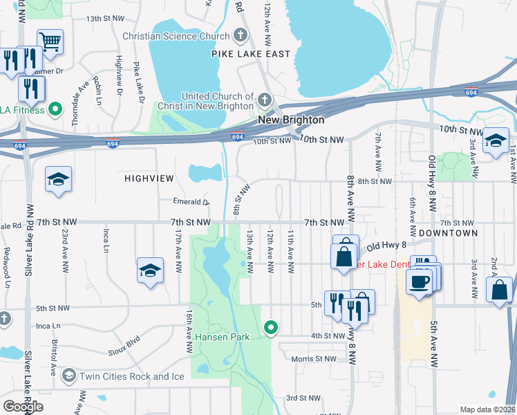 map of restaurants, bars, coffee shops, grocery stores, and more near 1380 7th Street Northwest in New Brighton
