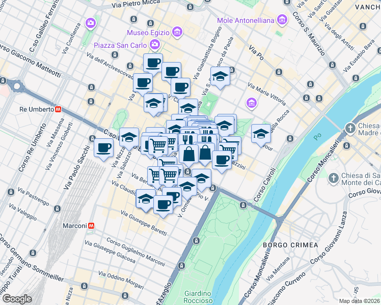 map of restaurants, bars, coffee shops, grocery stores, and more near 36 Via Accademia Albertina in Torino