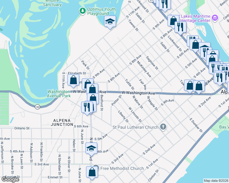 map of restaurants, bars, coffee shops, grocery stores, and more near 103 Potter Street in Alpena