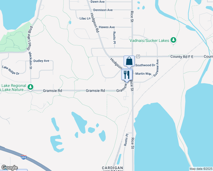 map of restaurants, bars, coffee shops, grocery stores, and more near 251 Gramsie Road in Shoreview