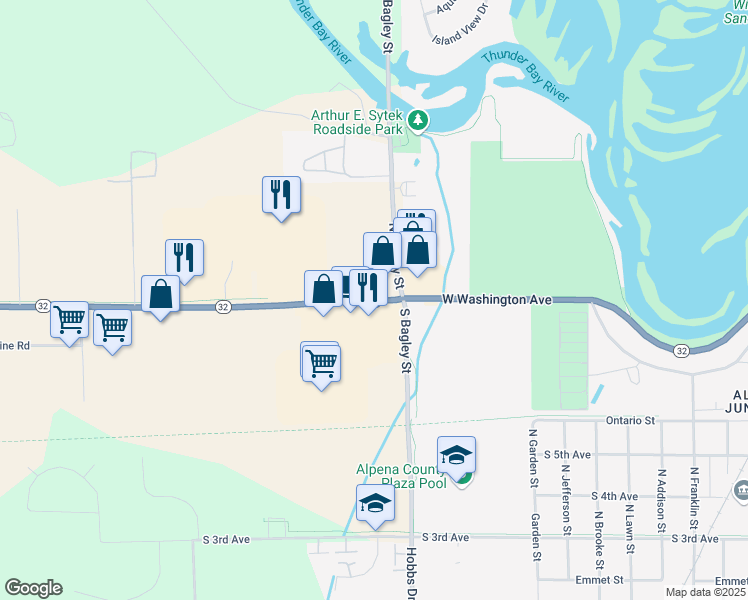 map of restaurants, bars, coffee shops, grocery stores, and more near Old Michigan 32 in Hillman